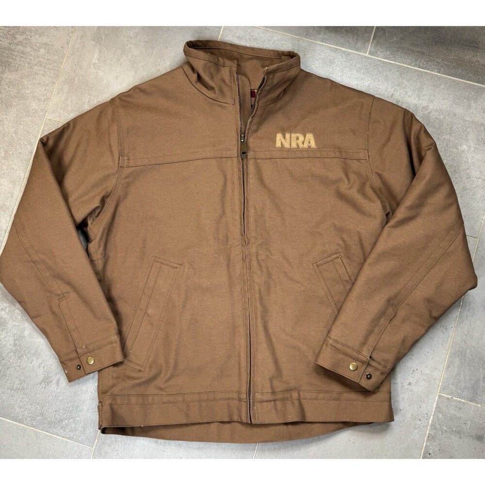 Burks Bay Men’s Large Brown Canvas Jacket Flannel Lined NRA Logo NWOT